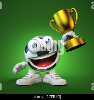 Football, soccer ball with cartoon face holding golden trophy, sport emoji, football mascot 3d rendering Stock Photo