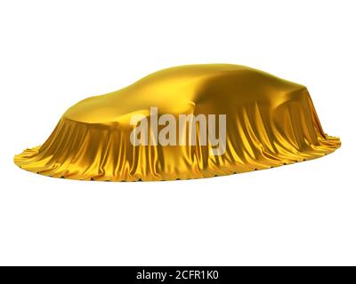New car presentation, model reveal, hidden under golden cover, isolated on white background, 3d rendering Stock Photo