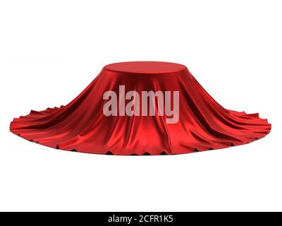 Round podium covered with red fabric isolated on white background, presentation pedestal 3d rendering Stock Photo