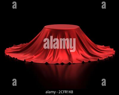 Round podium covered with red fabric on reflective black background, presentation pedestal 3d rendering Stock Photo