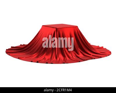 Podium covered with red fabric on black background, presentation pedestal 3d rendering Stock Photo