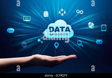 Female Hand Holding Storage Cloud With Data Management Text And Multimedia Icons Stock Photo