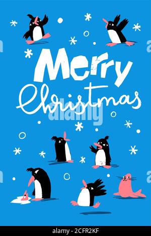 Merry Christmas vector winter poster with cute penguins Stock Vector