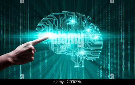 Human Hand Touching Digital Brain In Circuit Style Over Binary Code Background Stock Photo