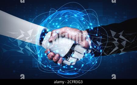 3D rendering humanoid robot handshake to collaborate future technology Stock Photo