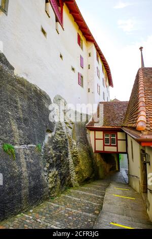 View of the Lenzburg castle, located above the  Lenzburg Old Town in the Canton of Aargau, Switzerland. Stock Photo