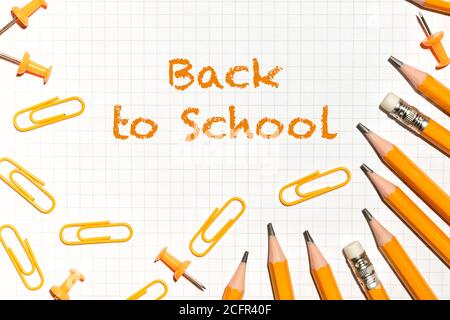 Notebook and yellow pencils. Minimal school or office supplies Stock Photo