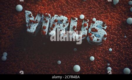 Macro Shot of Virus Text Formed Out of Small Spheres Red Blue 3d illustration Stock Photo