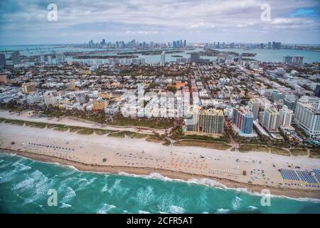 Miami Beach Ocean Drive and shoreline  as seen from helicopter, aerial city view, Florida - USA Stock Photo