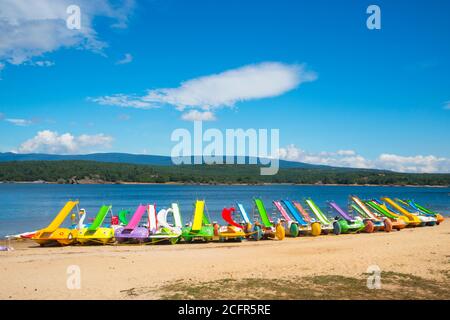 Pleasure boats. Pita beach, Cuerda del Pozo reservoir, Soria province, Castilla Leon, Spain. Stock Photo