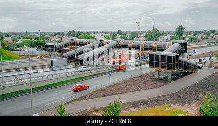 Pedestrian overground crossing of tram tracks in Kazan. View from the outside Stock Photo