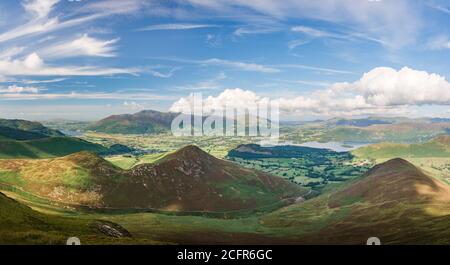 Mountain landscape panorama the Northern Lake District fells above Derwent Water and Keswick in Cumbria England viewed from Causey Pike Stock Photo