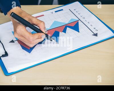 Business woman’s hand using pen pointing and writing on graph on report chart on desk in office. Stock Photo