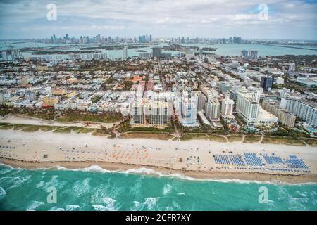 Miami Beach Ocean Drive and shoreline  as seen from helicopter, aerial city view, Florida - USA Stock Photo