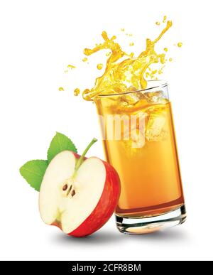 Glass of splashing apple juice with apple fruit on white background Stock Photo