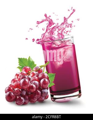 Glass of splashing grape juice with grape fruit on white background Stock Photo