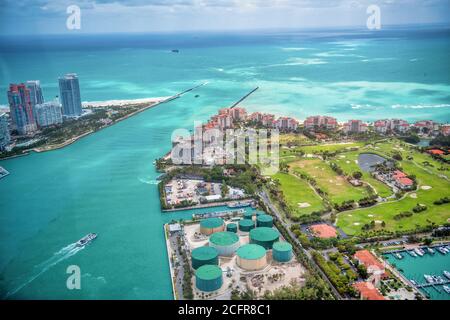 Fisher Island and South Pointe Park, aerial view. Miami, Florida. Stock Photo