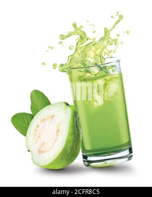 Glass of splashing guava juice with guava fruit on white background Stock Photo
