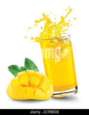 Glass of splashing mango juice with mango fruit on white background Stock Photo