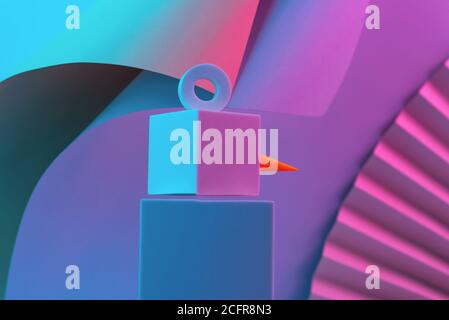 The polygonal snowman of cubes is illuminated with neon light, against the background of the fan and corners of the paper. Trend Concept 2020, 2021 Stock Photo