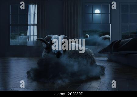 resting ram with circle horns laying on fluffy cloud in the bedroom Stock Photo