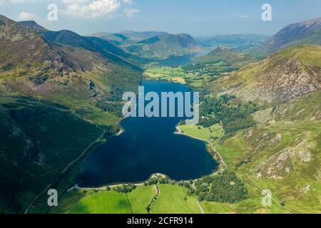 Aerial drone view of Buttermere and Crummock Water in England's Lake District Stock Photo