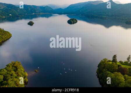 Aerial view of a large, beautiful lake with islands at sunset (Derwent Water, Lake District, England) Stock Photo