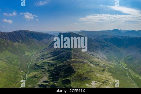 Panoramic aerial view of 2 narrow mountain passes (Honister Pass, Lake District, England) Stock Photo