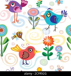 bird, little, summer, spring, vector, pattern, seamless, stylised, conventionalised, wildflower, mood, blue, decorative, ornamental, trees, curl, wing Stock Vector