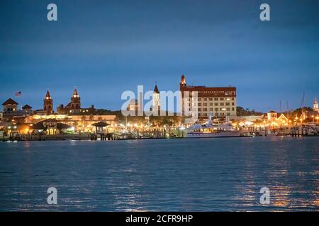 St Augustine night skyline with river and buildings, Florida - USA Stock Photo