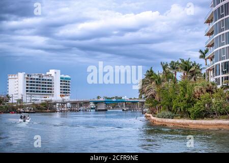 Boca Raton buildings along the river from South Inlet Park at sunset, Florida - USA Stock Photo