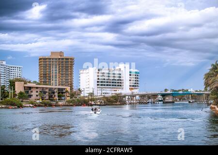 Boca Raton buildings along the river from South Inlet Park at sunset, Florida - USA Stock Photo