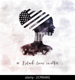 American National Holiday. Silhouette of black woman. US flag. Every life matters. Black lives matter. Stock Photo