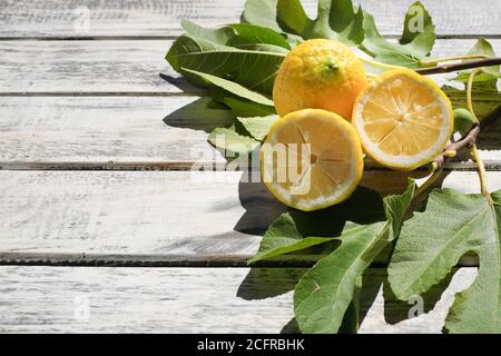 Lemons beautifully arranged on a white wooden table in Shabby Chic Style, surrounded by green leaves, flat lay Stock Photo