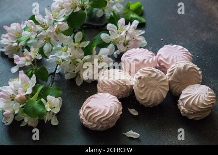 Tree branch with tasty marshmallows on color background Stock Photo Alamy