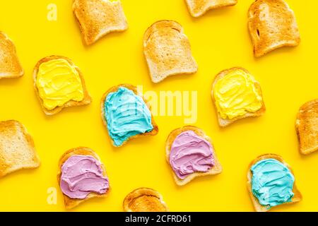Variety spreads on bread slices. Layout top view Stock Photo
