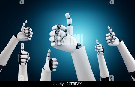 Robot humanoid hands up to celebrate goals success achieved by using AI Stock Photo