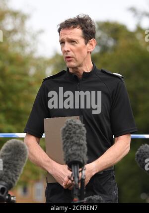 Suffolk Police Assistant Chief Constable Rob Jones speaking to the media in Kesgrave, Suffolk, where a 15-year-old student from Kesgrave High School was shot just after 8.40am this morning. Suffolk Police have arrested teenage boy in connection with the incident. Stock Photo