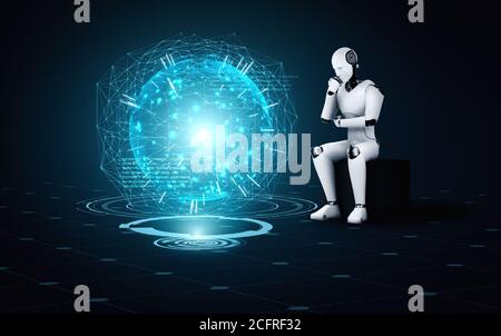 Thinking AI humanoid robot analyzing hologram screen shows concept of network Stock Photo