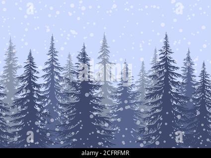 Seamless Horizontal Winter Landscape with Christmas Coniferous Trees and Snowflakes, Tile Holiday Background. Vector Stock Vector