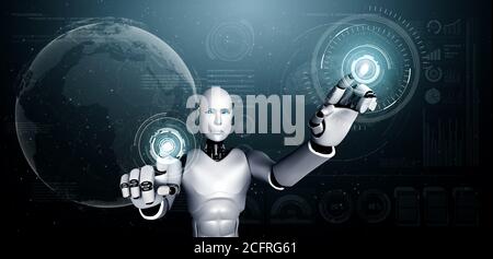 AI humanoid robot touching hologram screen shows concept of global communication Stock Photo