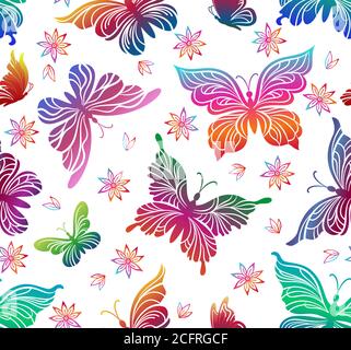 Seamless Pattern, Colorful Butterflies and Flowers Pictograms Isolated on Tile White Background. Vector. Stock Vector