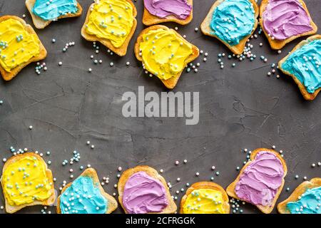 Variety spreads on bread slices. Layout top view Stock Photo