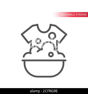 Hand washing thin line vector icon. T-shirt in basin or sink with soap bubbles outline symbol, editable stroke. Stock Vector