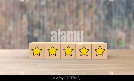 Wooden cube cartoon five yellow star review on blur wall of bricks. Service rating, satisfaction concept. reviews and comments google maps, tripadviso Stock Photo