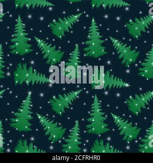 Seamless Pattern, Christmas Holiday Trees Green Silhouettes on Black Tile Background with Stars. Vector Stock Vector