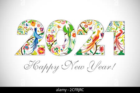 2021 A Happy New Year congrats. Logotype in ethnic style Abstract isolated graphic design template. Decorative numbers. Coloured digits. Up to 20% off Stock Vector