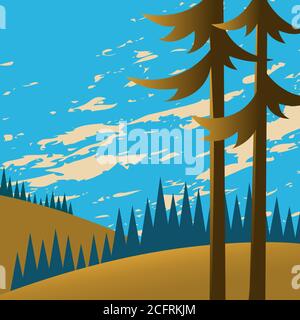 Landscape with pine trees, forests and fields. In the background sky and clouds. The beauty of the wild. Vector illustration. Stock Vector