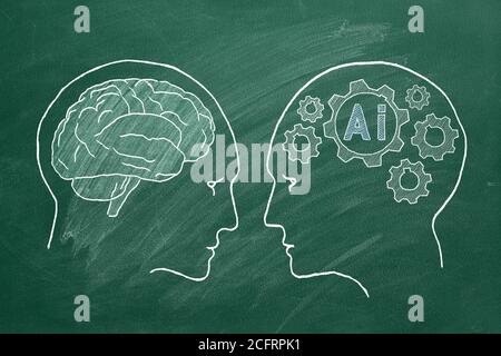 Human intelligence vs artificial intelligence. Face to face. Duel of views. Animated illustration on a school blackboard. Stock Photo