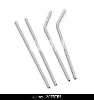 Metallic straw to use instead of plastic one. 3d illustration isolated on white background Stock Photo